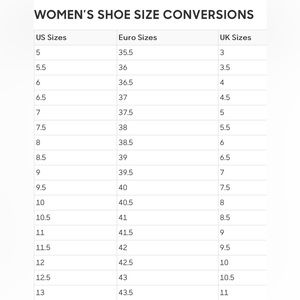 Important - necessary size chart